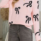 Light Pink Bow Print Long Sleeve Loose Fit Sweater