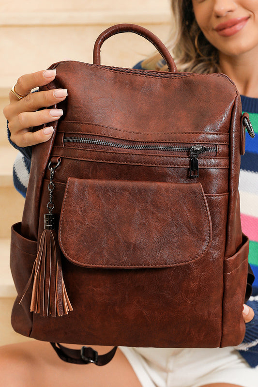 Dark Brown Tassel Decor Retro PU Large Capacity Backpack