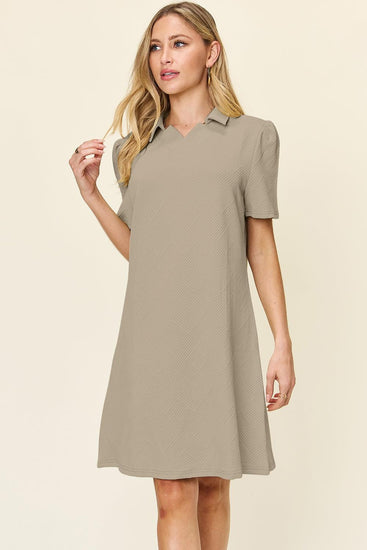 Double Take Full Size Texture Collared Neck Short Sleeve Dress - Rebel K Collective