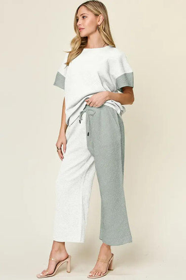 Double Take Full Size Texture Contrast T-Shirt and Wide Leg Pants Set - Rebel K Collective