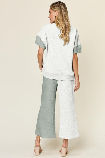 Double Take Full Size Texture Contrast T-Shirt and Wide Leg Pants Set - Rebel K Collective