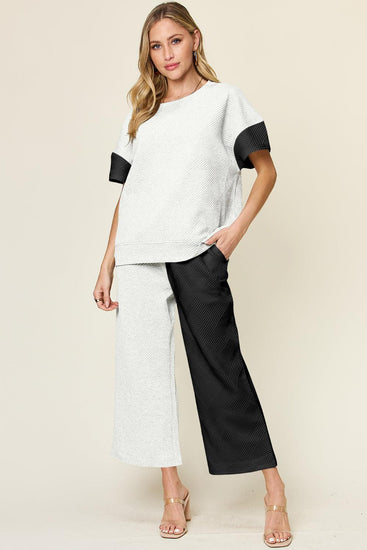 Double Take Full Size Texture Contrast T-Shirt and Wide Leg Pants Set - Rebel K Collective