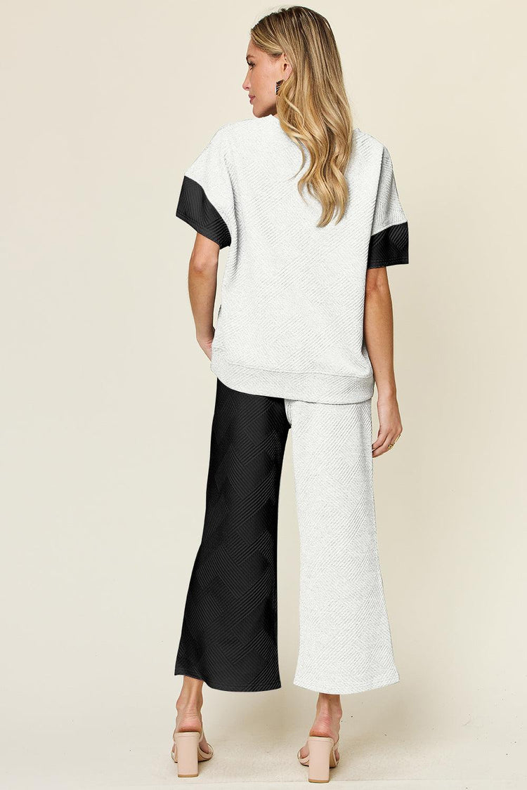 Double Take Full Size Texture Contrast T-Shirt and Wide Leg Pants Set - Rebel K Collective