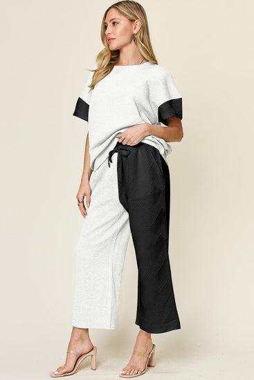 Double Take Full Size Texture Contrast T-Shirt and Wide Leg Pants Set - Rebel K Collective