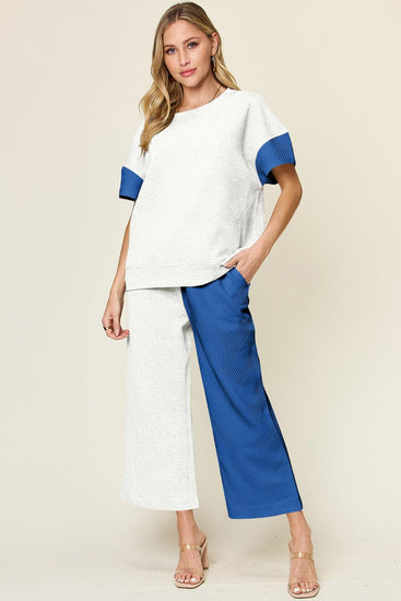 Double Take Full Size Texture Contrast T-Shirt and Wide Leg Pants Set - Rebel K Collective