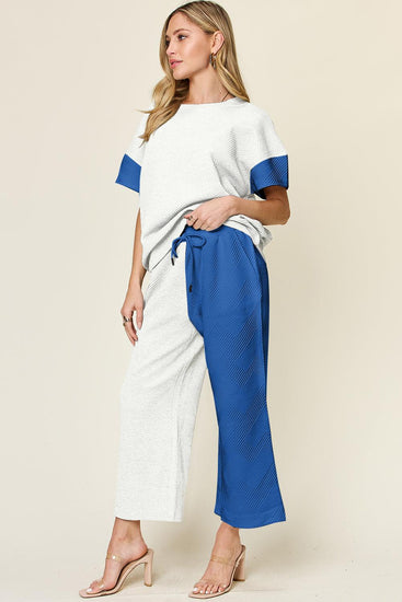 Double Take Full Size Texture Contrast T-Shirt and Wide Leg Pants Set - Rebel K Collective