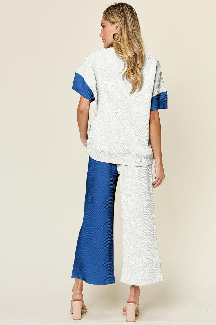 Double Take Full Size Texture Contrast T-Shirt and Wide Leg Pants Set - Rebel K Collective