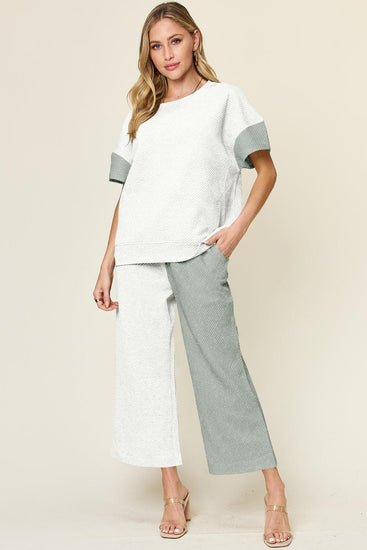 Double Take Full Size Texture Contrast T-Shirt and Wide Leg Pants Set - Rebel K Collective