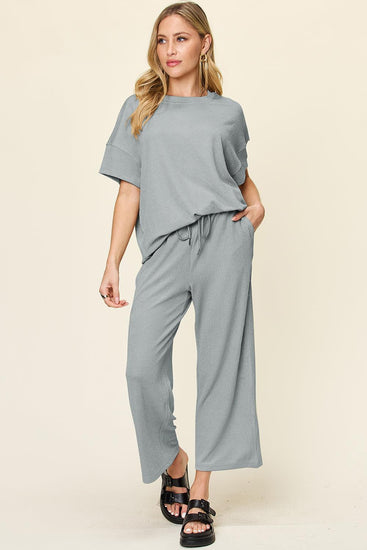 Double Take Full Size Texture Round Neck Short Sleeve T-Shirt and Wide Leg Pants - Rebel K Collective