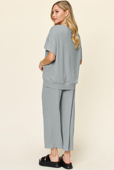 Double Take Full Size Texture Round Neck Short Sleeve T-Shirt and Wide Leg Pants - Rebel K Collective