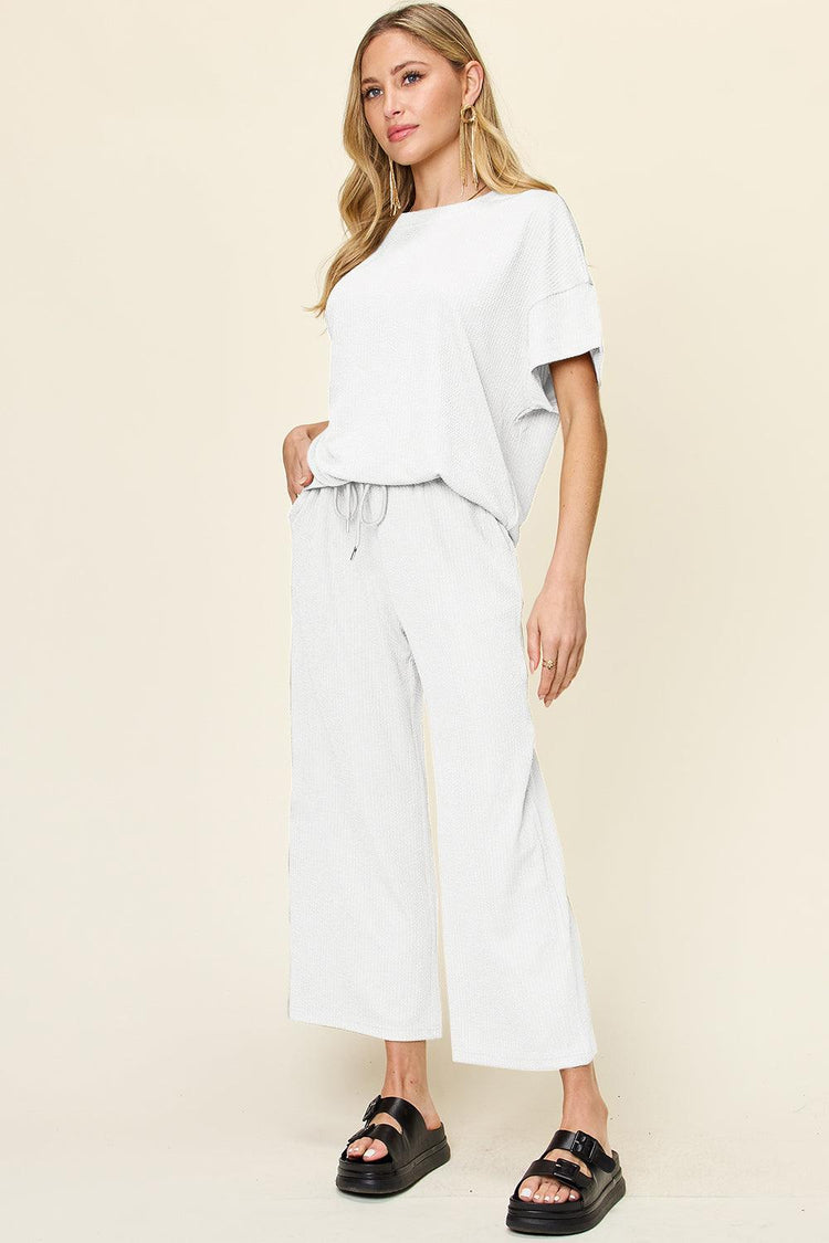 Double Take Full Size Texture Round Neck Short Sleeve T-Shirt and Wide Leg Pants - Rebel K Collective