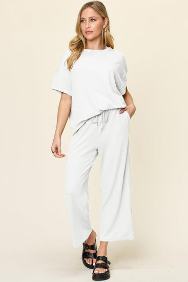 Double Take Full Size Texture Round Neck Short Sleeve T-Shirt and Wide Leg Pants - Rebel K Collective