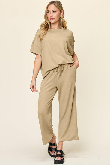 Double Take Full Size Texture Round Neck Short Sleeve T-Shirt and Wide Leg Pants - Rebel K Collective