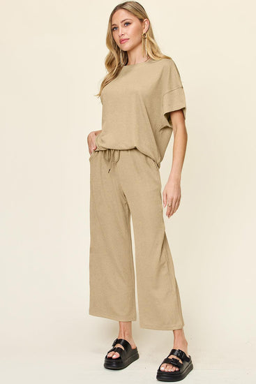 Double Take Full Size Texture Round Neck Short Sleeve T-Shirt and Wide Leg Pants - Rebel K Collective