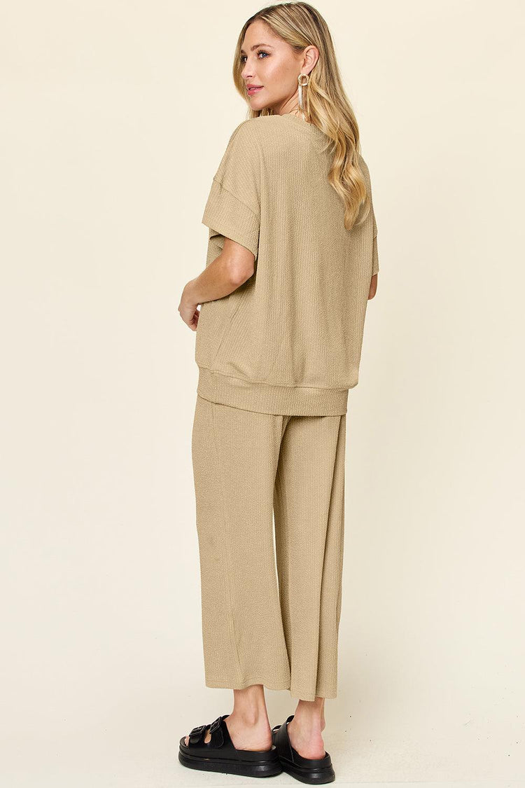 Double Take Full Size Texture Round Neck Short Sleeve T-Shirt and Wide Leg Pants - Rebel K Collective