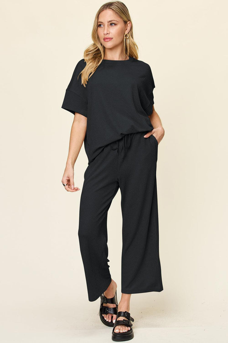 Double Take Full Size Texture Round Neck Short Sleeve T-Shirt and Wide Leg Pants - Rebel K Collective