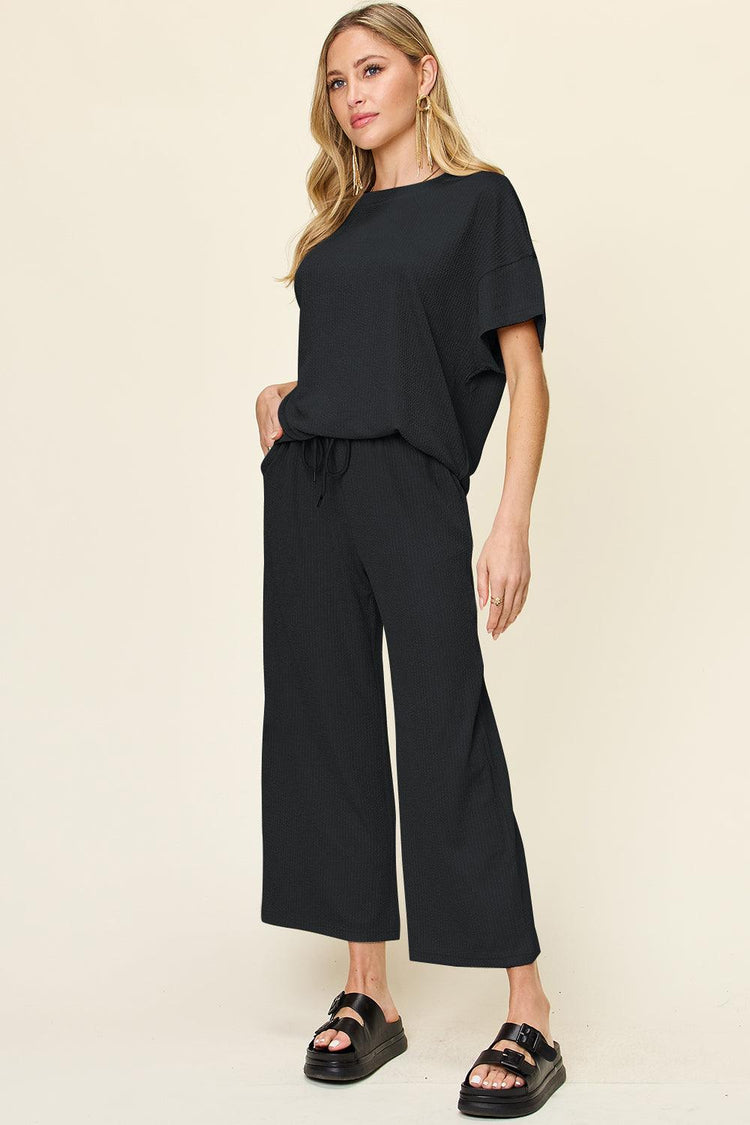 Double Take Full Size Texture Round Neck Short Sleeve T-Shirt and Wide Leg Pants - Rebel K Collective