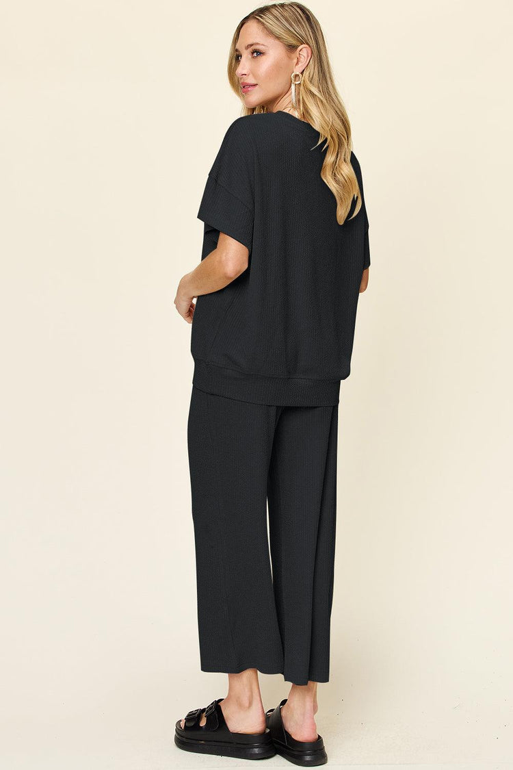 Double Take Full Size Texture Round Neck Short Sleeve T-Shirt and Wide Leg Pants - Rebel K Collective