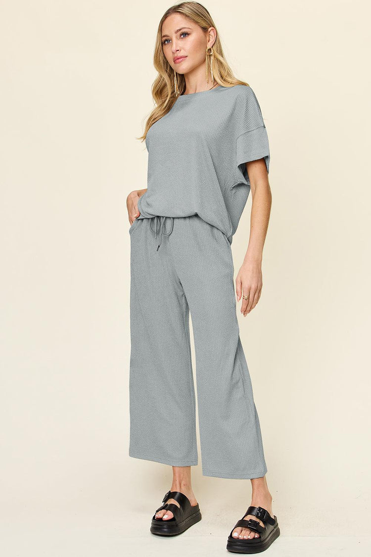 Double Take Full Size Texture Round Neck Short Sleeve T-Shirt and Wide Leg Pants - Rebel K Collective