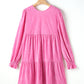 Strawberry Pink Flounce Sleeve Tiered Ruffled Velvet Mini Dress