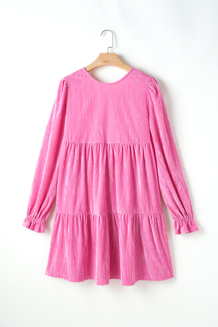 Strawberry Pink Flounce Sleeve Tiered Ruffled Velvet Mini Dress