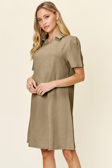 Double Take Full Size Texture Collared Neck Short Sleeve Dress - Rebel K Collective