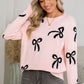 Light Pink Bow Print Long Sleeve Loose Fit Sweater