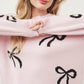 Light Pink Bow Print Long Sleeve Loose Fit Sweater