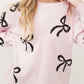 Light Pink Bow Print Long Sleeve Loose Fit Sweater