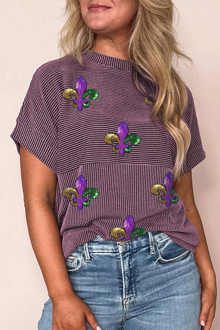 Toadstool Sequin Fleur de Lis Graphic Round Neck Ribbed T Shirt