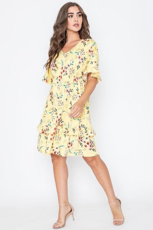 Floral V Neck Ruffle Dress - Rebel K Collective