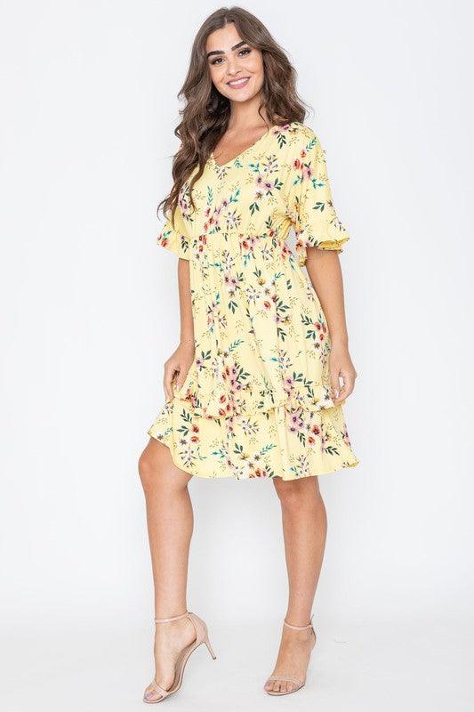 Floral V Neck Ruffle Dress - Rebel K Collective