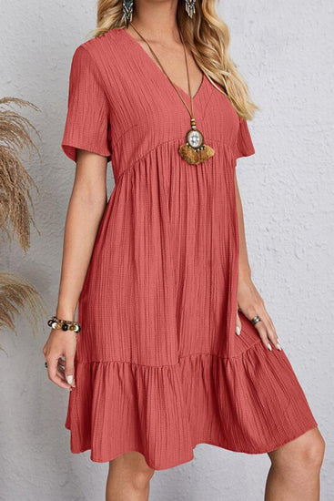 Full Size Ruched V-Neck Short Sleeve Dress - Rebel K Collective