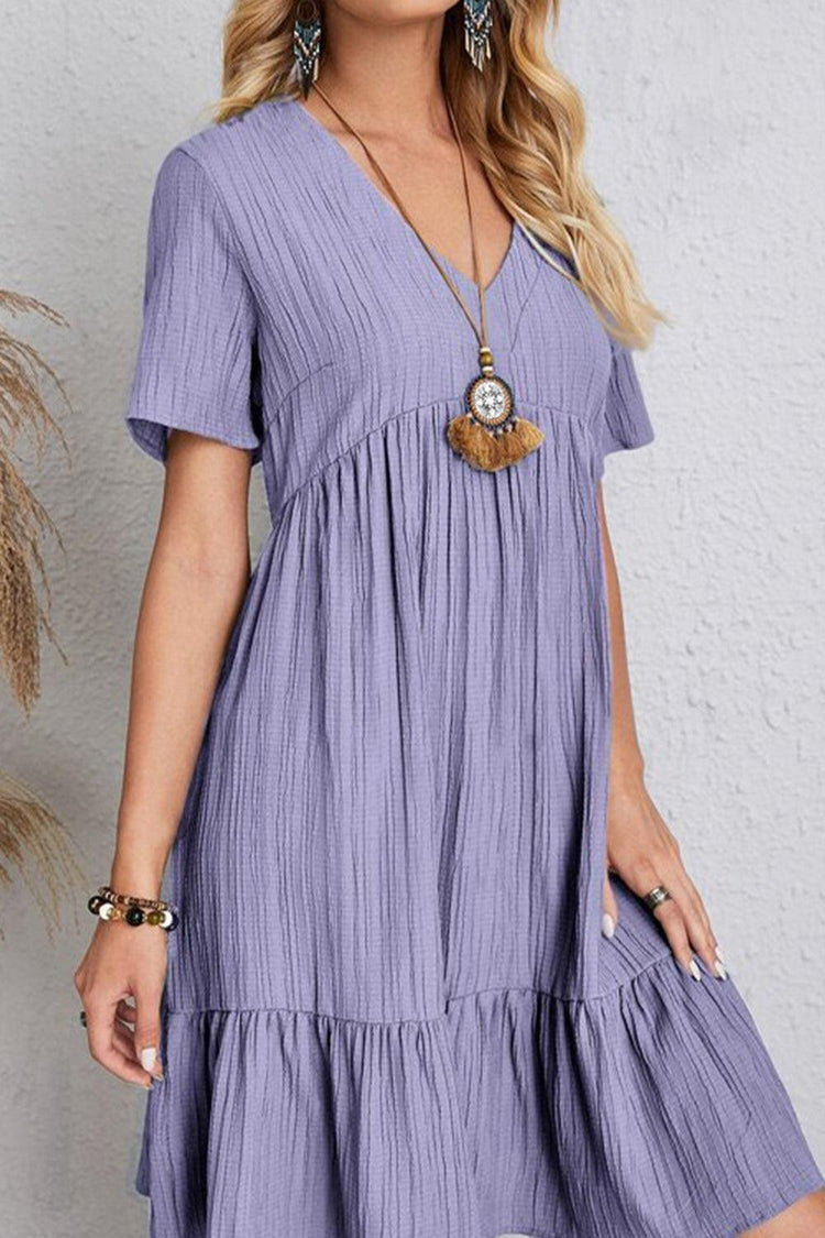 Full Size Ruched V-Neck Short Sleeve Dress - Rebel K Collective