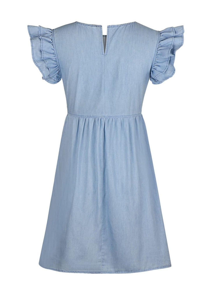 Full Size Ruffled Round Neck Cap Sleeve Denim Dress - Rebel K Collective