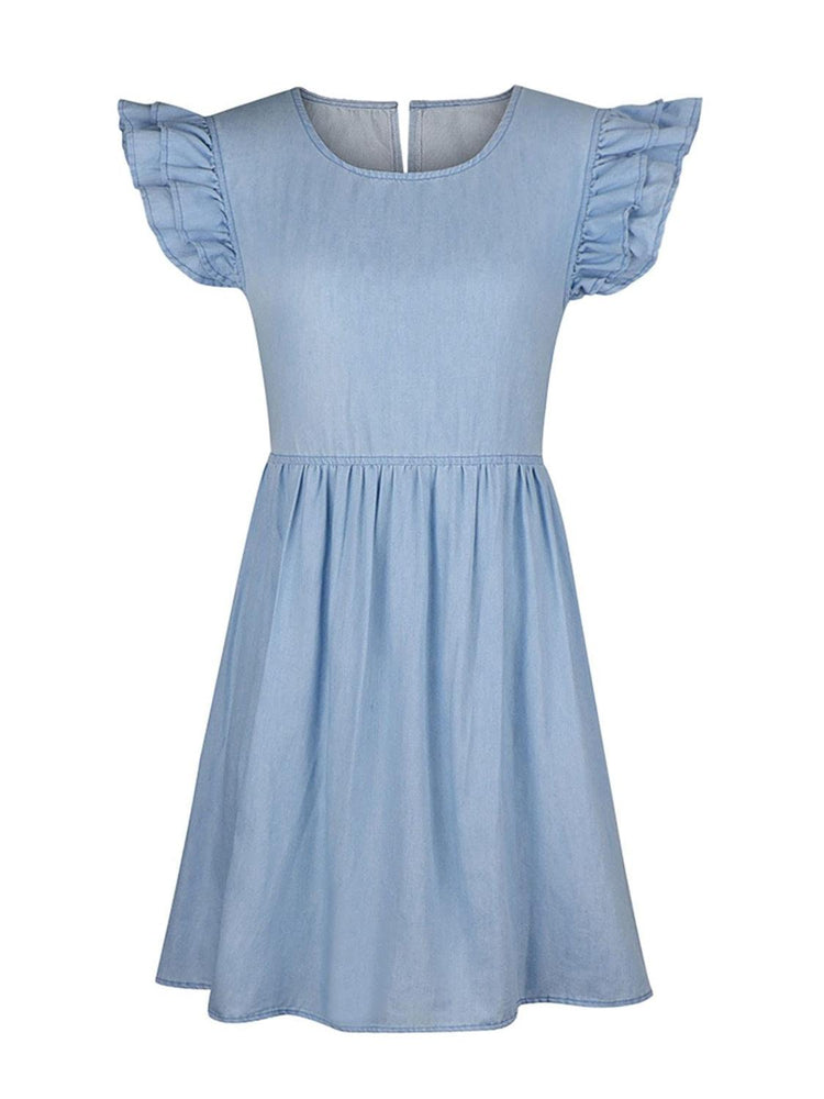 Full Size Ruffled Round Neck Cap Sleeve Denim Dress - Rebel K Collective