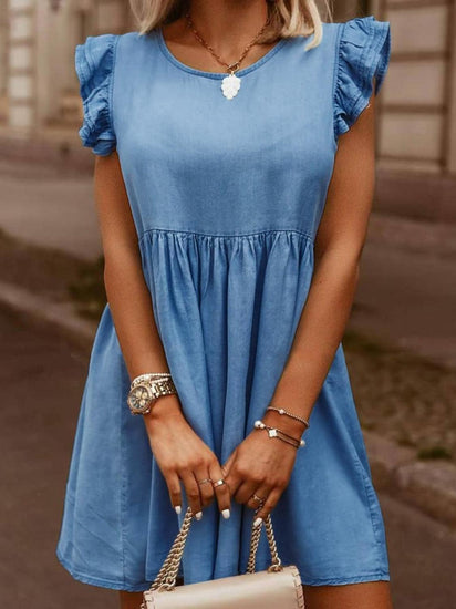 Full Size Ruffled Round Neck Cap Sleeve Denim Dress - Rebel K Collective