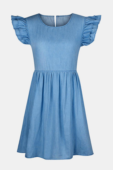 Full Size Ruffled Round Neck Cap Sleeve Denim Dress - Rebel K Collective