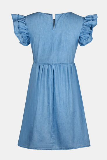 Full Size Ruffled Round Neck Cap Sleeve Denim Dress - Rebel K Collective