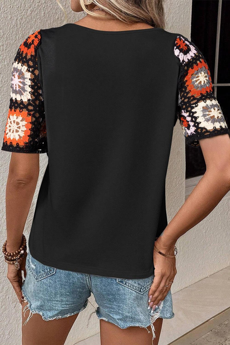 Geometric Round Neck Short Sleeve Blouse - Rebel K Collective