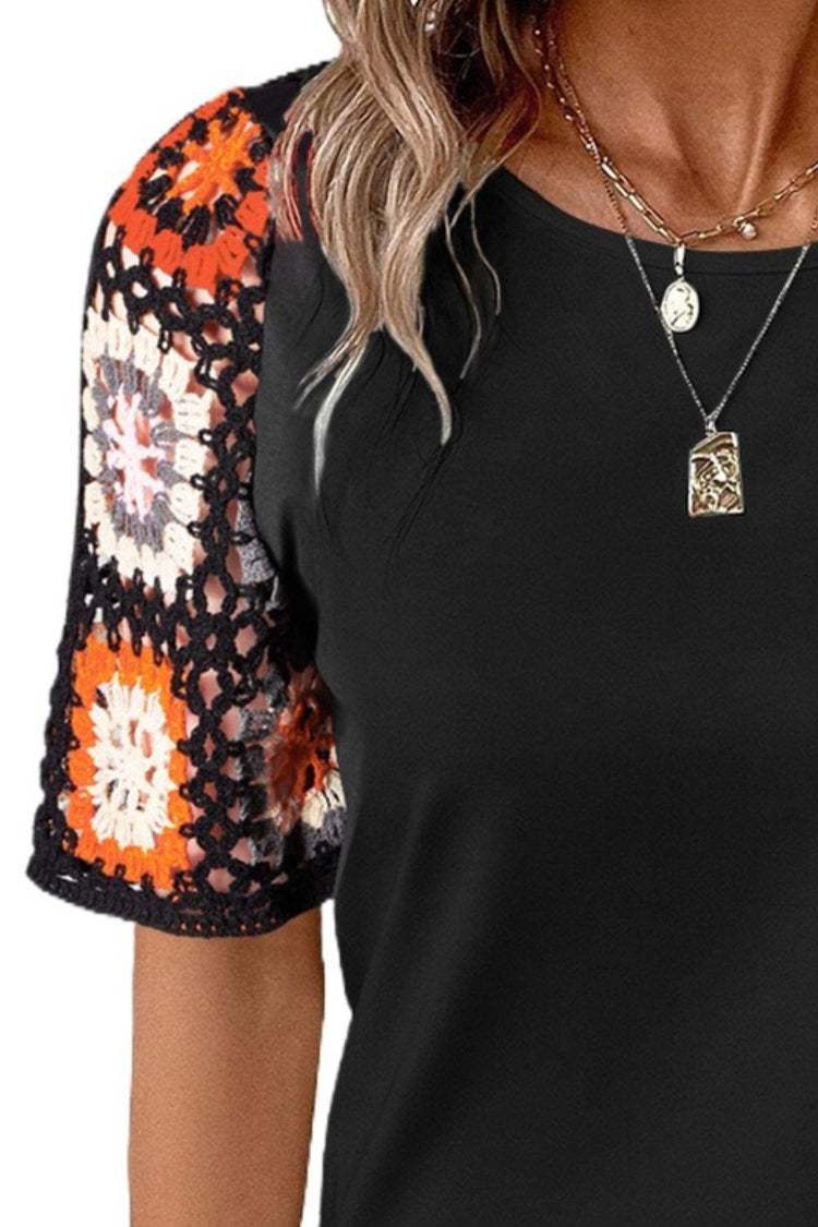 Geometric Round Neck Short Sleeve Blouse - Rebel K Collective