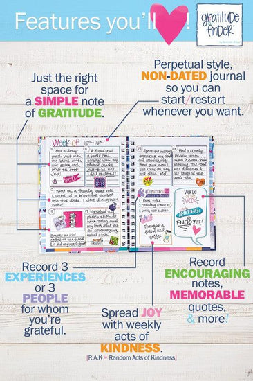 Just the right space for a simple note of gratitude. Perpetual style, non-dated journal so you can start/restart whenever you want. Record 3 experiences or 3 people for whom you are grateful for. Spread joy with weekly acts of kindness. Read encouraging notes, memorable quotes, and more. 