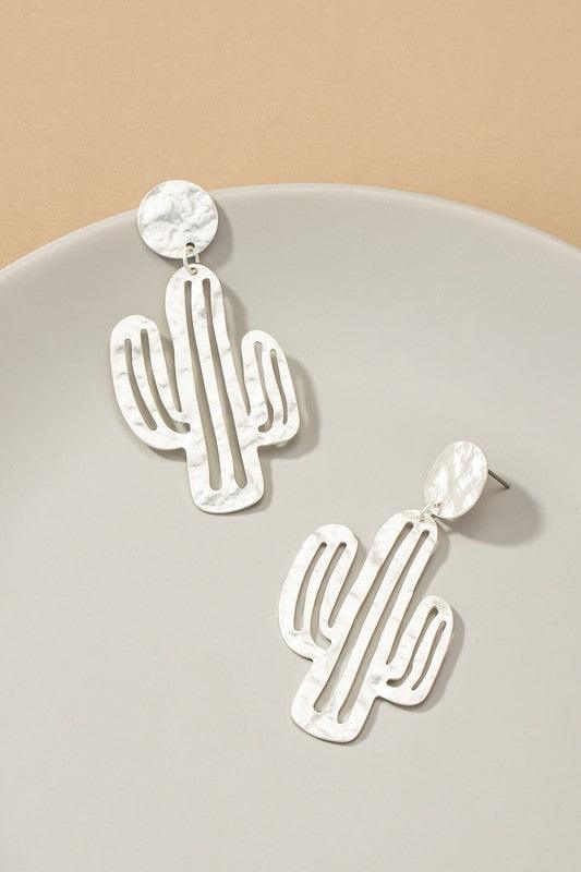 Hammered thin metal openwork cactus drop earrings - Rebel K Collective