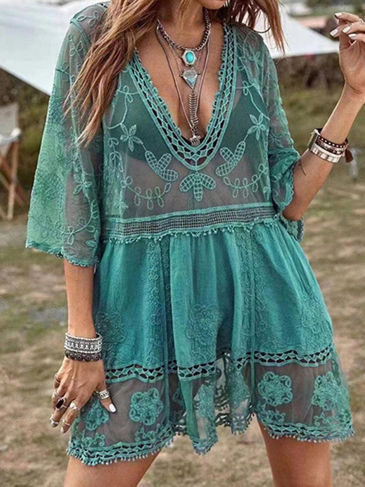 Lace Detail Plunge Cover-Up Dress - Rebel K Collective