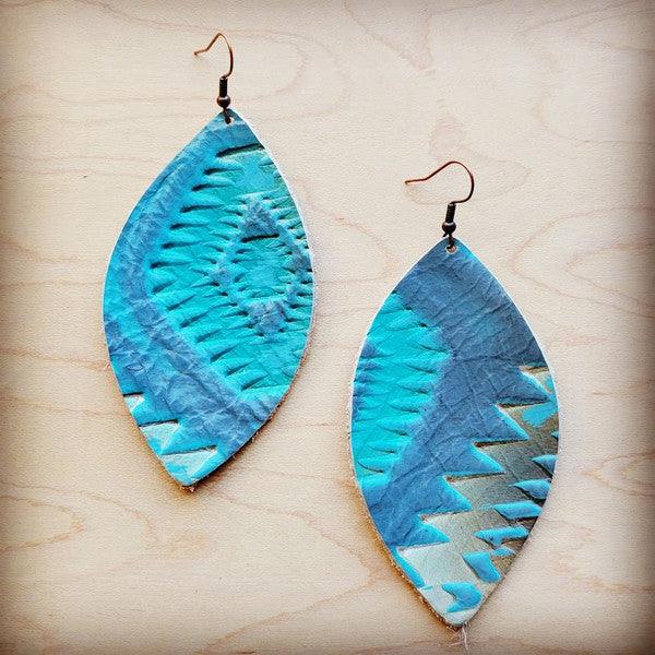 Leather Oval Earring-Aztec Cyan - Rebel K Collective