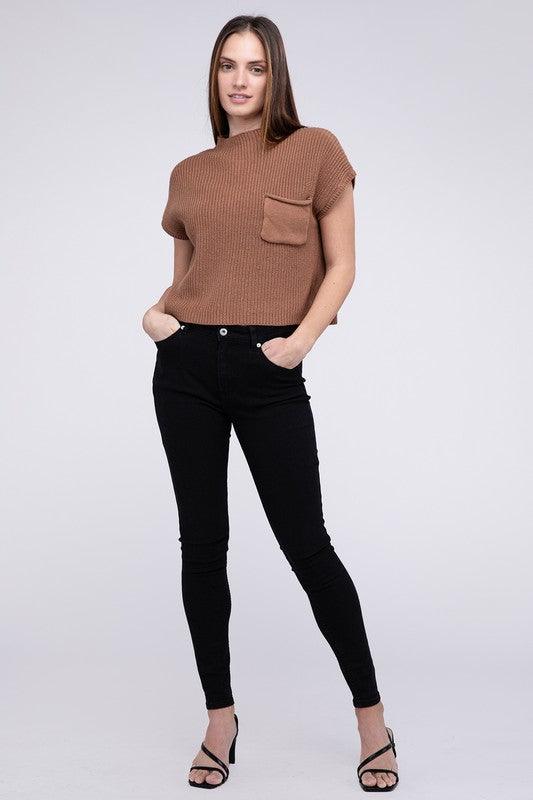 Mock Neck Short Sleeve Cropped Sweater - Rebel K Collective