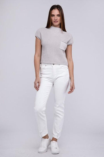 Mock Neck Short Sleeve Cropped Sweater - Rebel K Collective