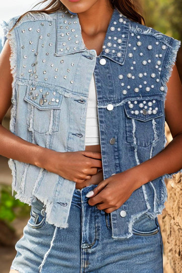 Pearl Raw Hem Sleeveless Denim Jacket - Rebel K Collective