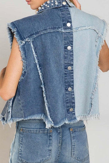 Pearl Raw Hem Sleeveless Denim Jacket - Rebel K Collective