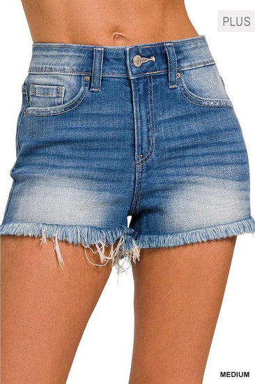 Plus Mid Rise Raw Frayed Hem Denim Shorts - Rebel K Collective